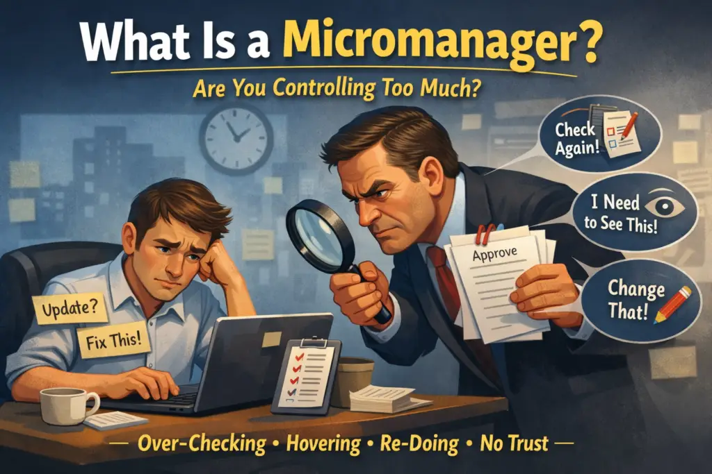Illustration of a micromanager hovering over an employee at a desk, symbolizing overcontrol, constant checking, and lack of trust in leadership.