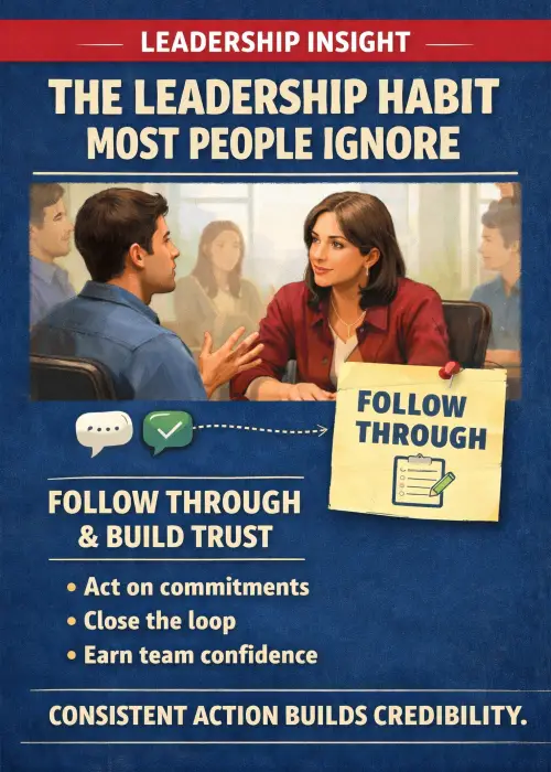 Illustration of a leader engaged in a workplace conversation, representing the leadership habit of follow-through, trust, and consistent action.