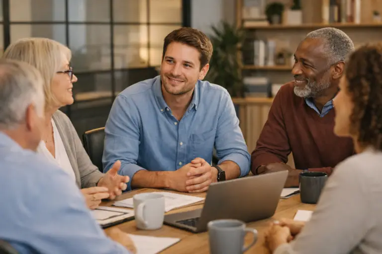 Young leader building trust and relationships with an experienced team in a professional workplace