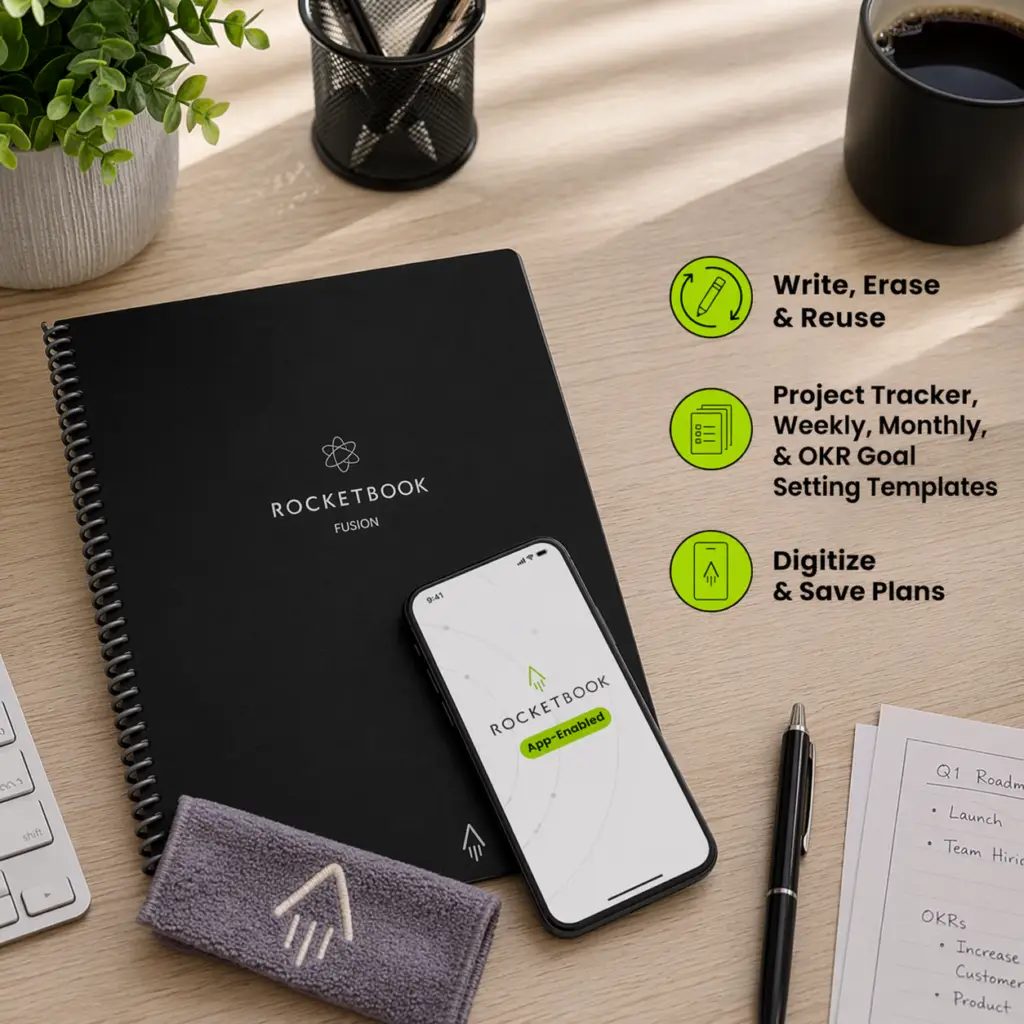 Rocketbook Fusion reusable planner notebook on a modern desk with smartphone, pen, coffee, and office accessories for productivity and planning.