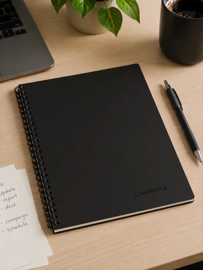 Black Cambridge spiral notebook on a wooden desk beside a pen, coffee cup, plant, laptop, and handwritten notes in a clean office workspace.