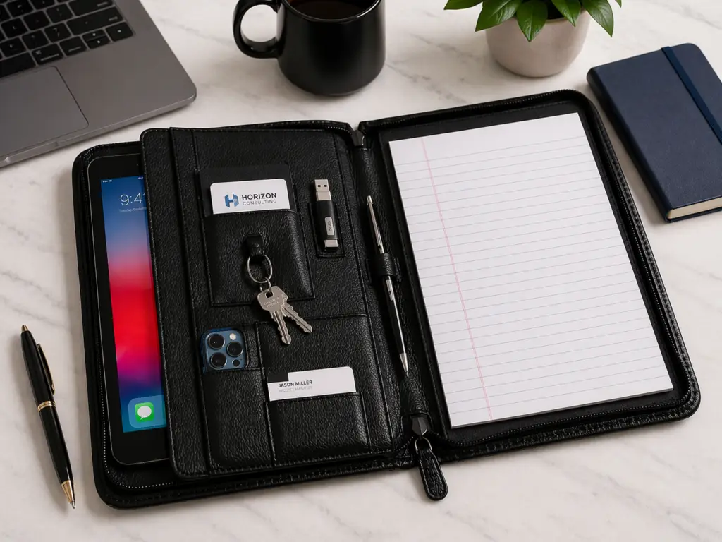 Black dual zip padfolio with phone holder, tablet or clipboard section, pen, card pockets, USB drive, keys, and ID card displayed on a desk beside a laptop, coffee mug, plant, and notebook.