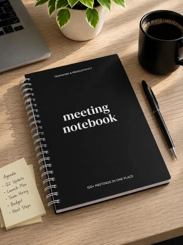 Black spiral meeting notebook on a wooden desk with pen, coffee mug, plant, laptop, and sticky notes showing a meeting agenda.