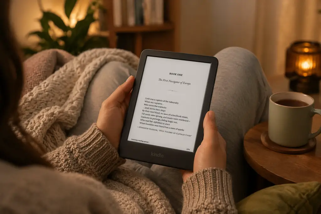 Person sitting under a knitted blanket and reading a Kindle in a warm, cozy room with a cup of tea on a side table