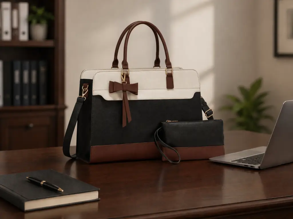 Black, cream, and brown laptop tote bag for women with a bow accent and matching wristlet displayed on an office desk beside a laptop and notebook in a professional office setting.