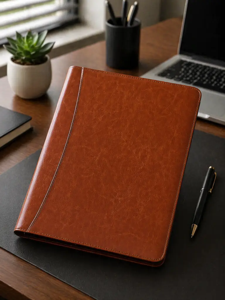 Brown leather portfolio folder on an office desk beside a laptop, pen, notebook, and small plant in a professional workspace.
