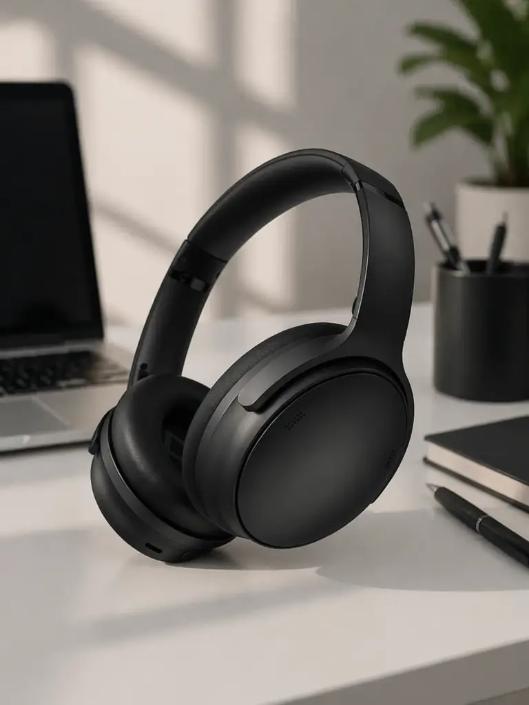 Black wireless over-ear headphones displayed on a modern office desk beside a laptop, notebook, pen, and plant in a clean workspace.