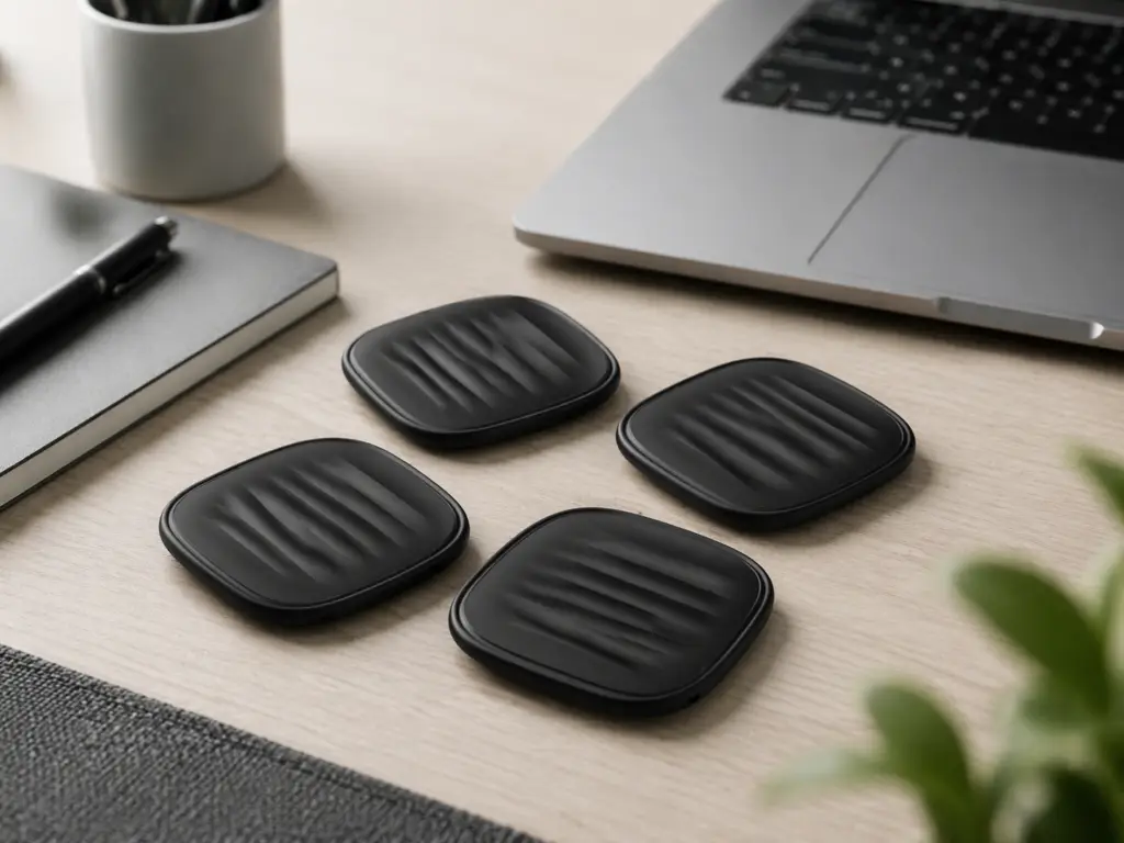 Four black air tracker tags displayed on a clean office desk beside a laptop, notebook, and pen in a modern workspace.