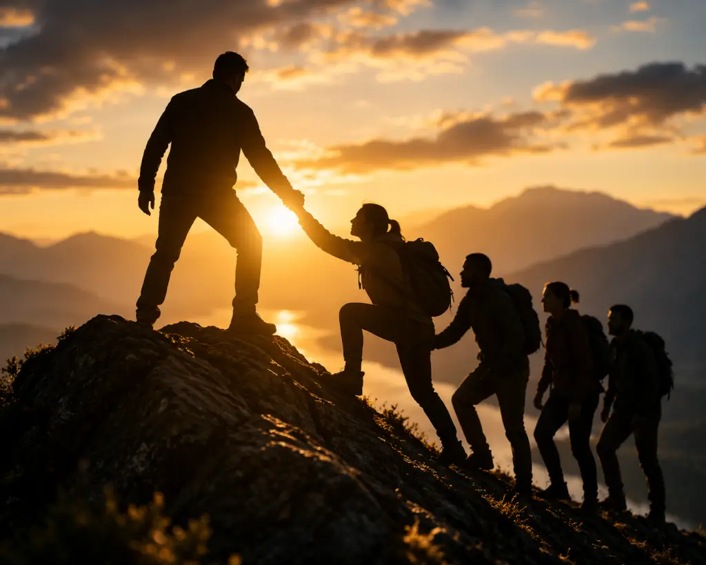 Leader helping a team member climb a mountain at sunrise, symbolizing responsible leadership, influence, ethical leadership, and caring for others