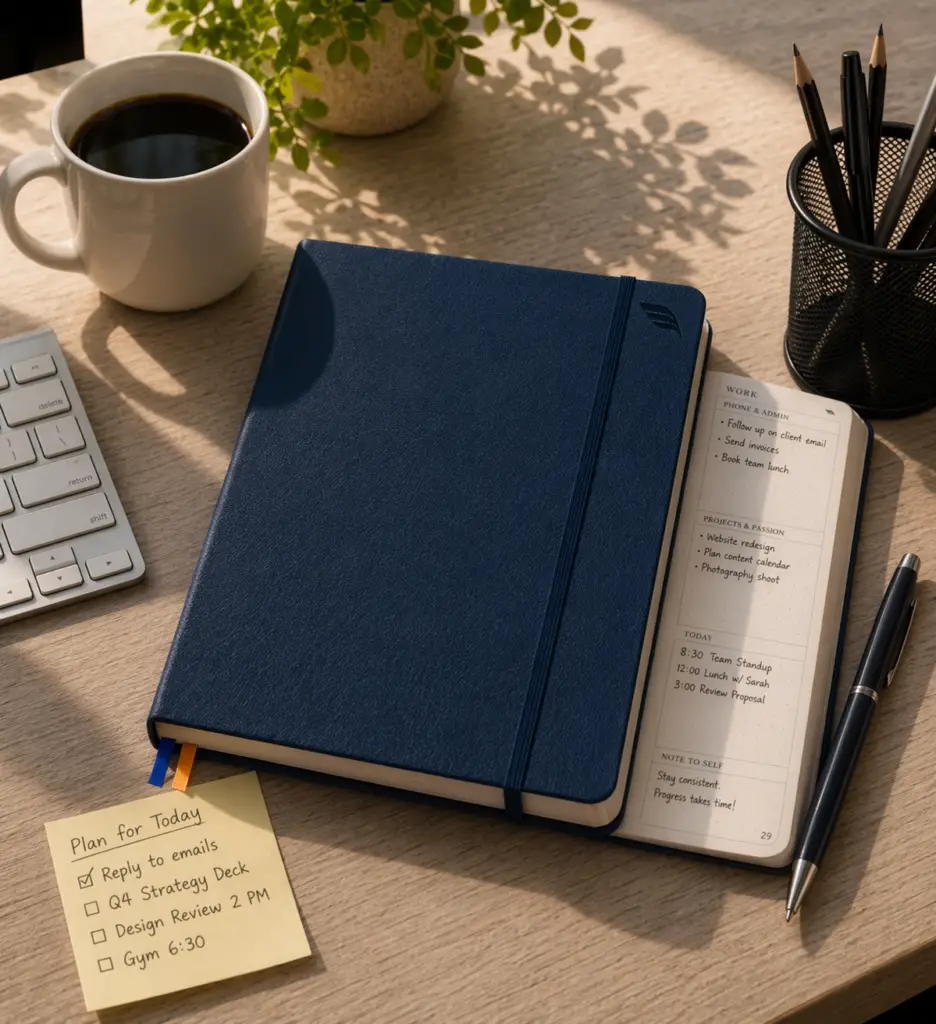 Blue purpose planner resting on a light wood office desk beside a coffee mug, keyboard, pen, pencil holder, sticky note checklist, and small plant in soft natural sunlight.