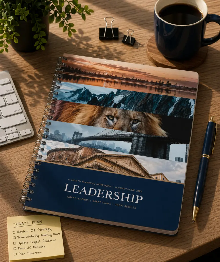 Spiral-bound leadership planner with scenic photo bands on the cover resting on a wooden office desk beside a coffee mug, pen, keyboard, plant, and handwritten planning note in warm natural light.