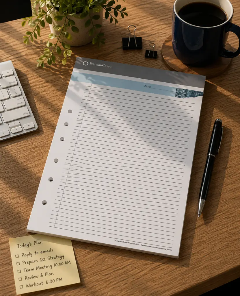 FranklinCovey lined note paper placed on a warm wood office desk with a pen, coffee mug, keyboard, plant, and handwritten task list in soft natural light.