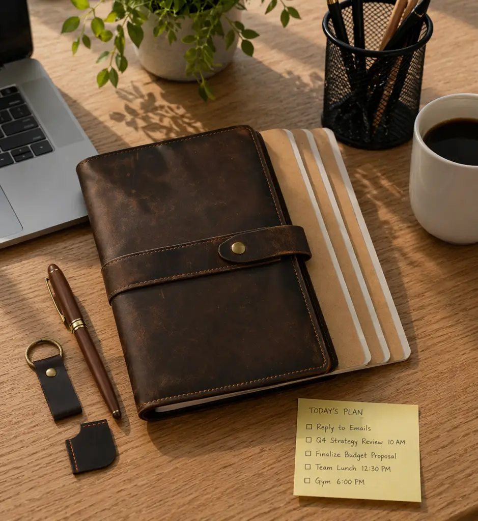 Brown leather journal with strap closure on a wooden office desk beside a pen, coffee mug, laptop, pencil holder, plant, and refill notebooks in warm natural light.