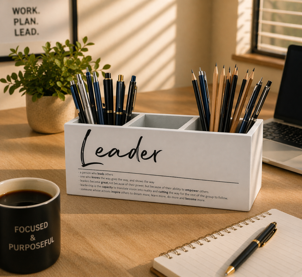White leader desk organizer holding scissors, pencils, markers, and pens on a modern office desk beside a laptop, notebook, coffee mug, and plant in warm natural light.