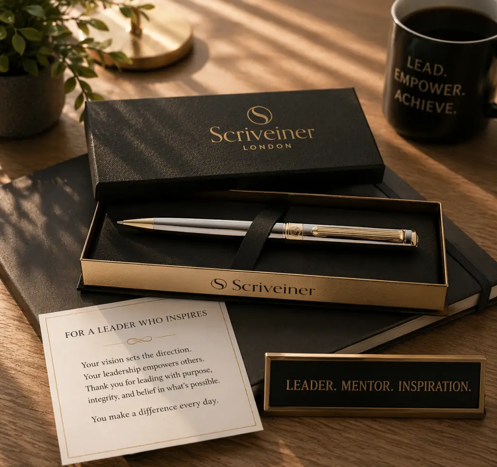 Luxury Scriveiner pen gift box displayed on an executive desk with a handwritten appreciation card, black notebook, coffee mug, and nameplate in warm natural light.