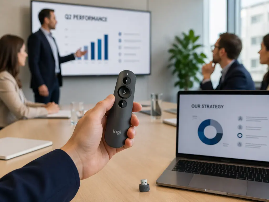 Hand holding a wireless presentation remote in a professional office meeting room with a laptop, presentation screen, and business team in the background