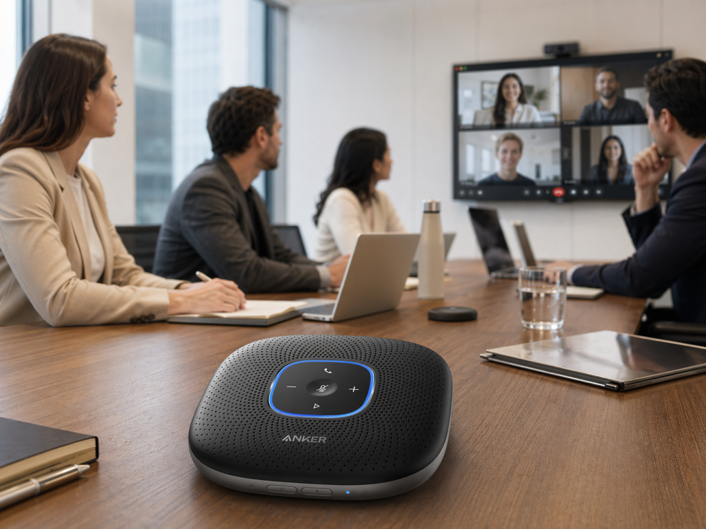 Black conference speaker on a conference table during a professional office meeting with laptops, team members, and a video call screen in the background