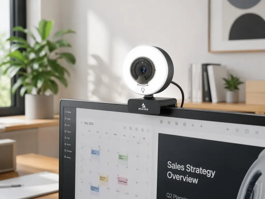 NexiGo webcam with built-in ring light mounted on a computer monitor in a modern home office workspace