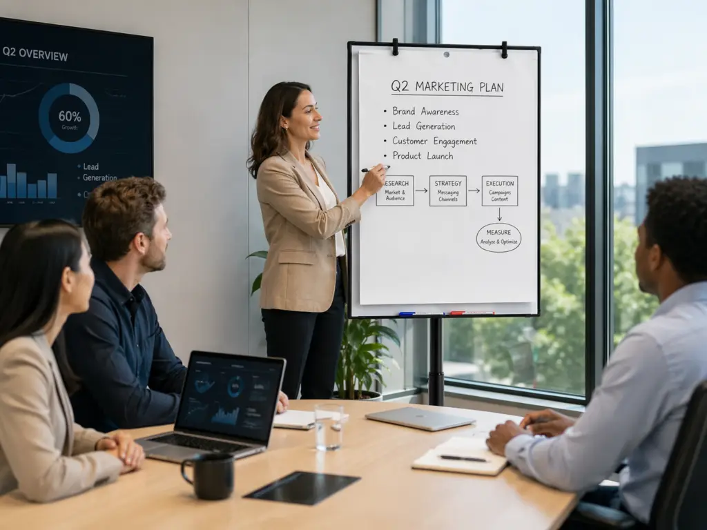 Professional using a mobile whiteboard during an office meeting while presenting a marketing plan to a team in a conference room