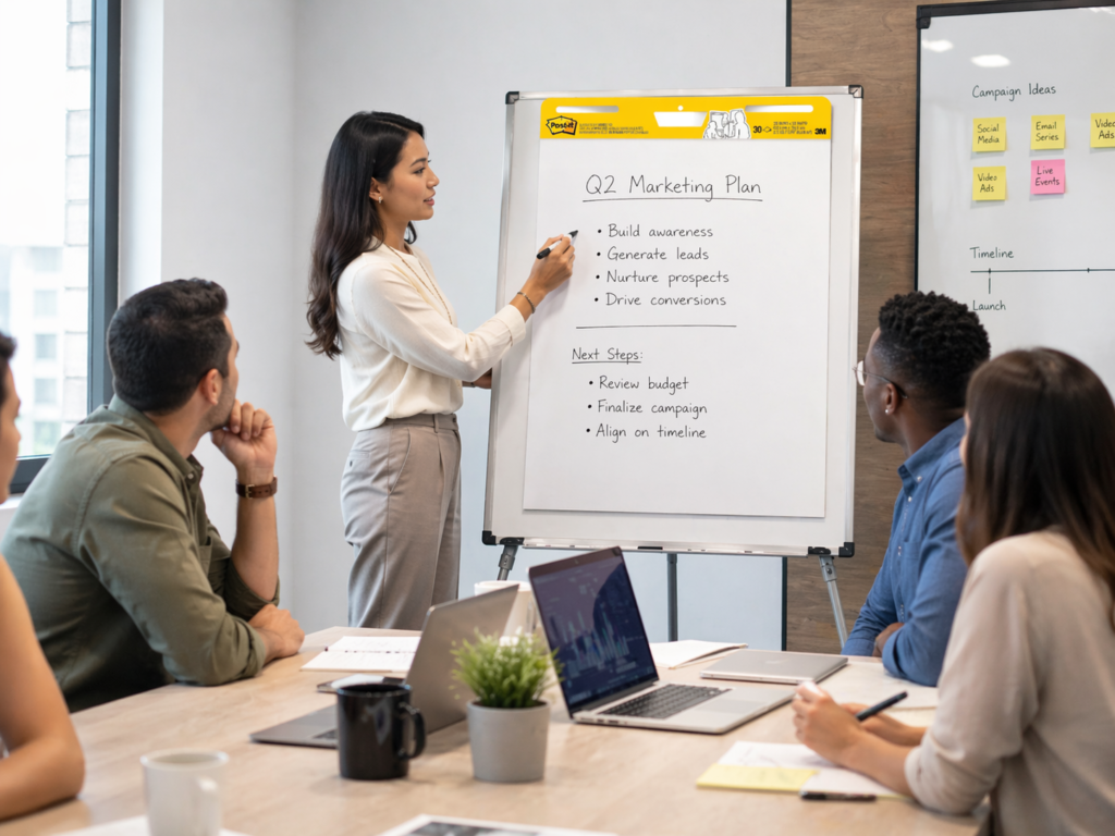 Professional using a Post-it Super Sticky Easel Pad during a team meeting while presenting a marketing plan in a modern office conference room