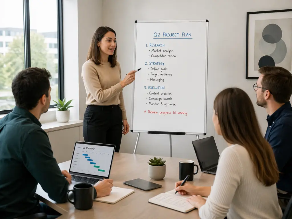 Professional using a portable whiteboard easel during a team meeting while presenting a project plan in a modern office conference room