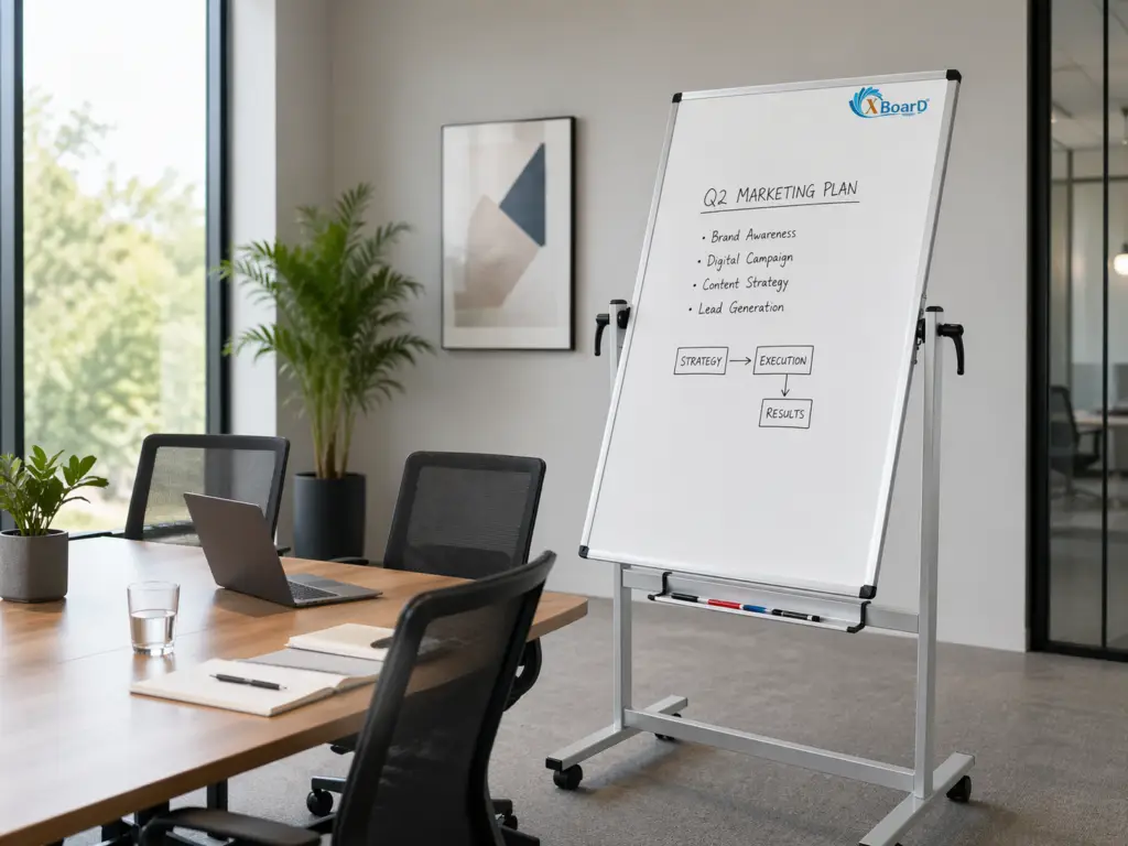 Mobile whiteboard on wheels set up in a modern meeting room beside a conference table with laptop, notebook, and office chairs