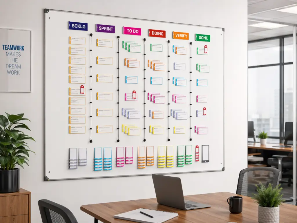 PATboard Kanban board and Scrum board toolset mounted on a whiteboard in a modern office meeting space with colorful task cards and workflow columns