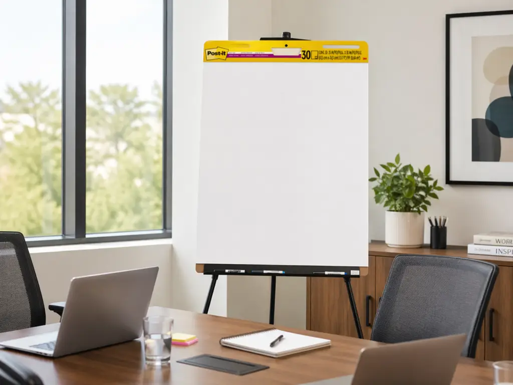 Post-it Super Sticky Large Easel Pad set up on an easel in a modern meeting room with laptops, notebook, and conference table ready for a team session