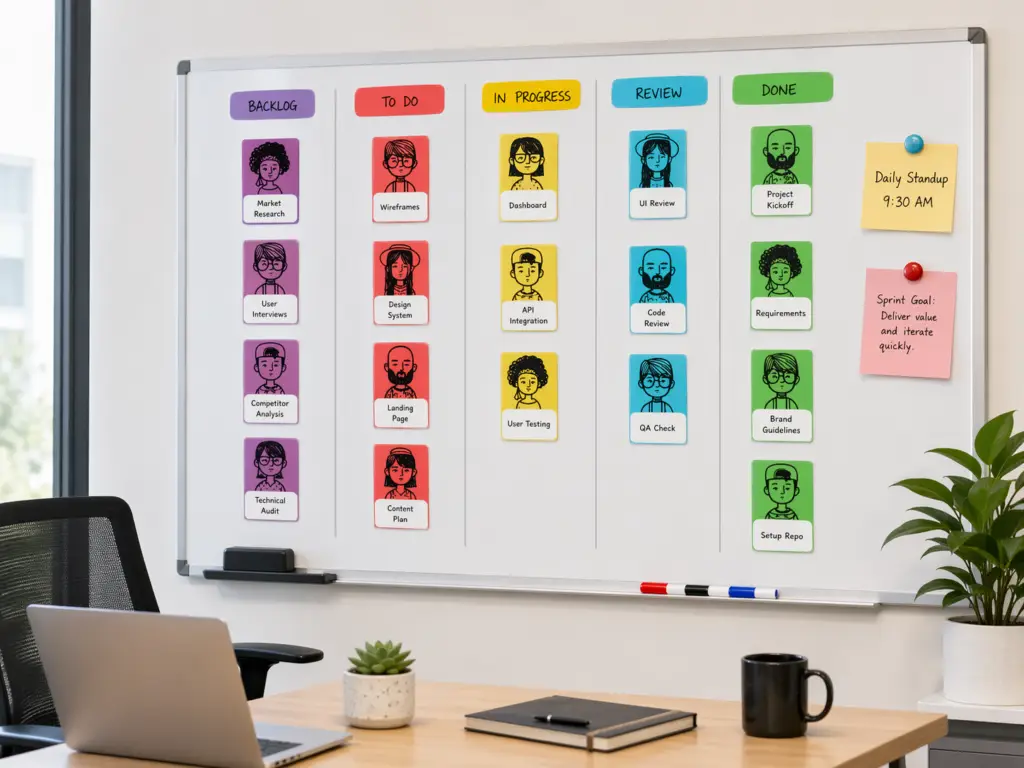 MagFlex Lite Kanban Magnets Set arranged on a whiteboard in a modern office workspace with workflow columns for backlog, to do, in progress, review, and done