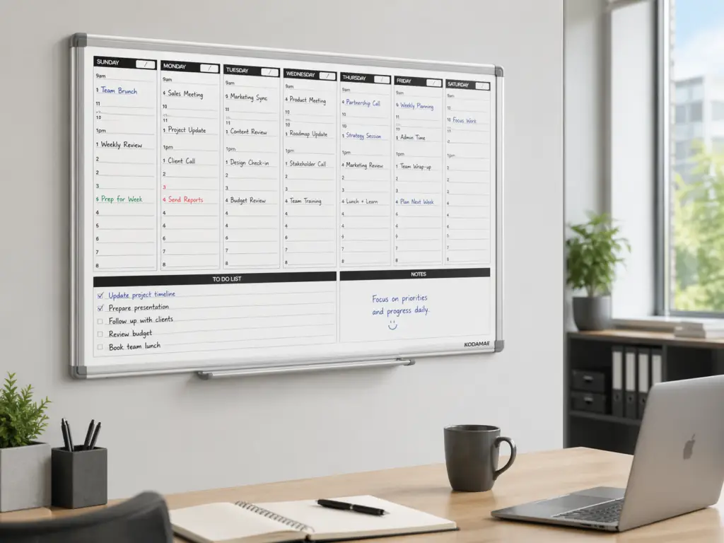Weekly dry erase board mounted on an office wall above a desk, showing a full weekly schedule, to do list, and notes section in a modern workspace