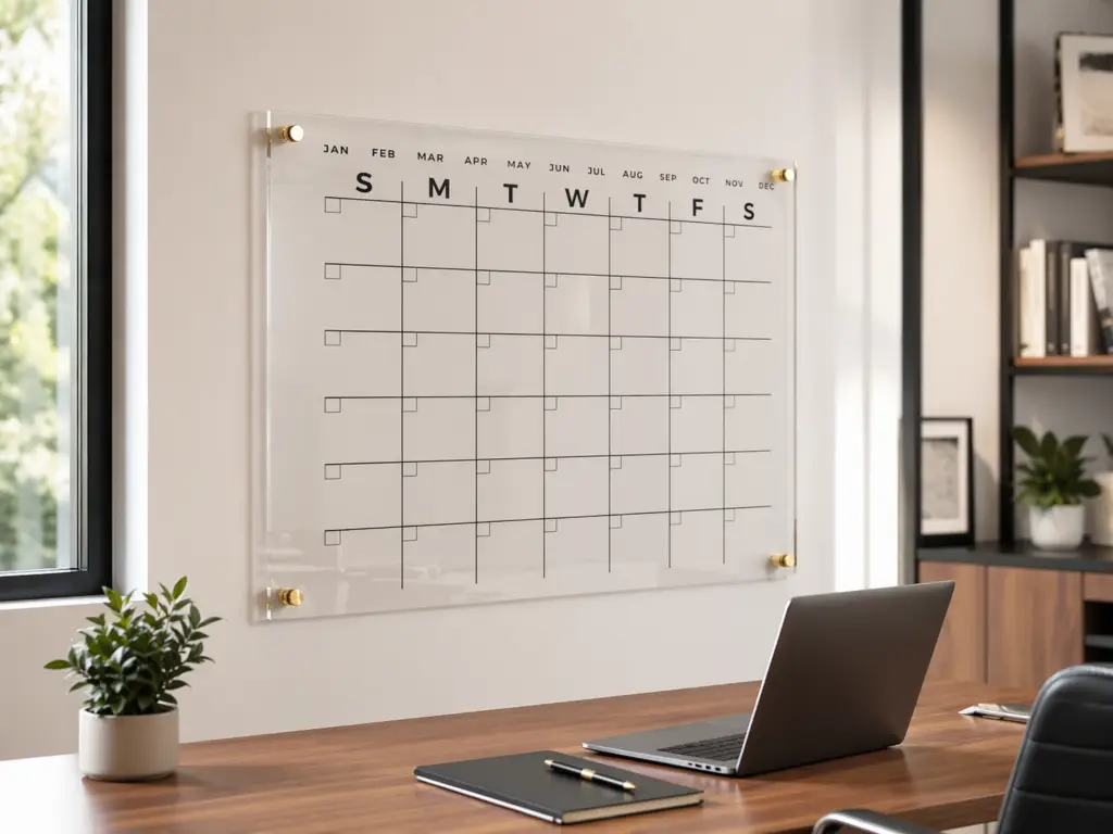 Clear acrylic wall calendar with gold standoff mounts displayed above a desk in a modern office setting with laptop, notebook, and plant