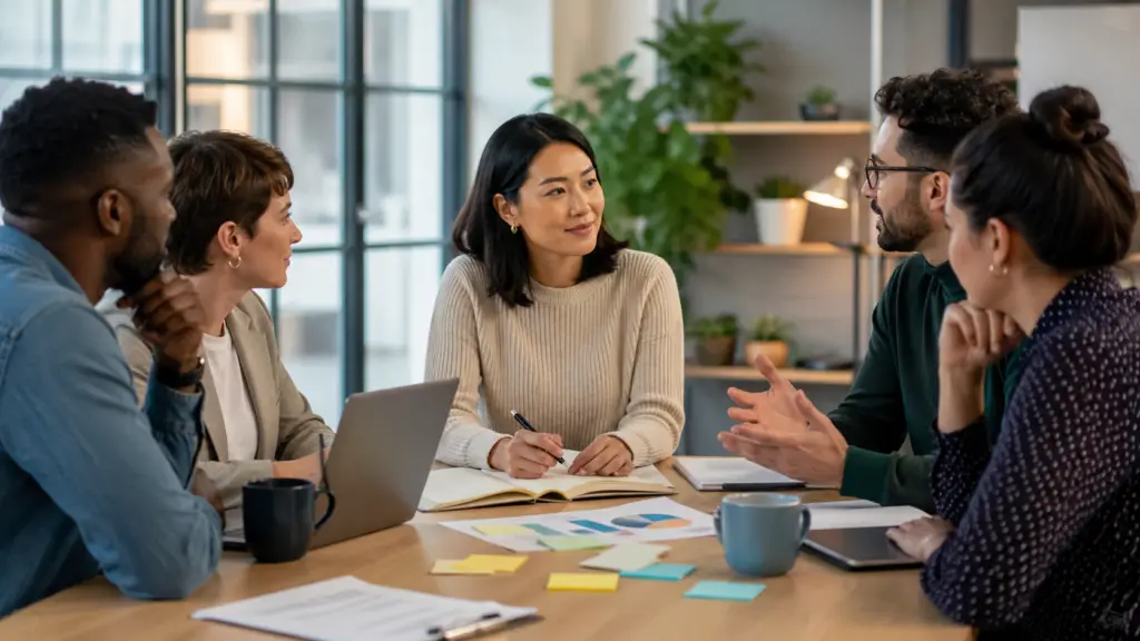 A new manager listens to employees during a collaborative office meeting, representing trust, communication, and the first 90 days in leadership.