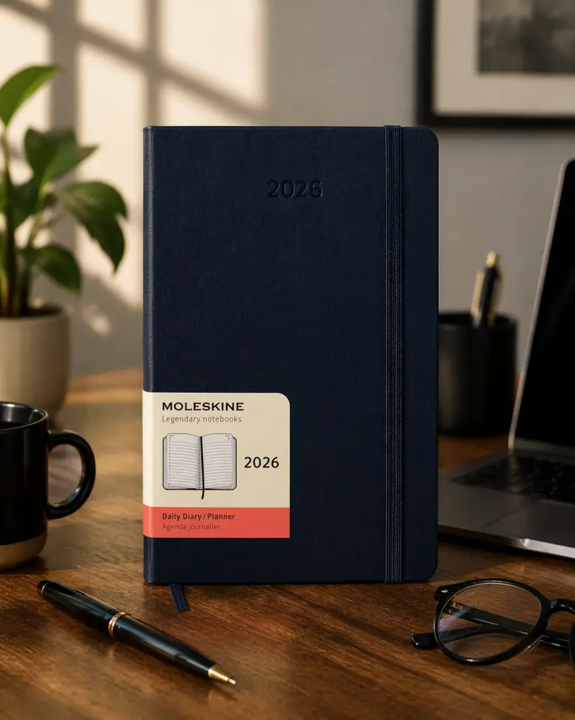 Cozy workspace with a Moleskine planner