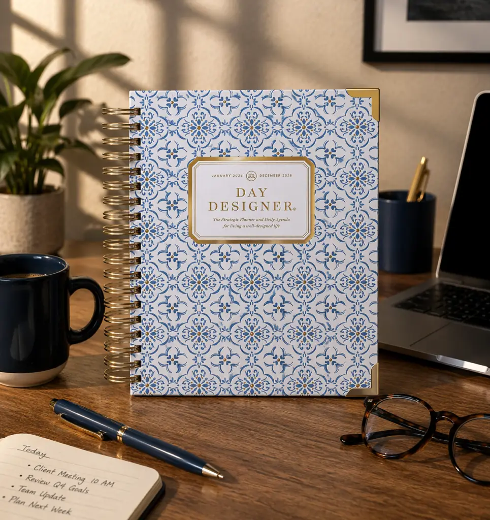 Blue and white Day Designer spiral planner standing on a wooden office desk with a coffee mug, pen, eyeglasses, laptop, notepad, and plant in warm natural light.
