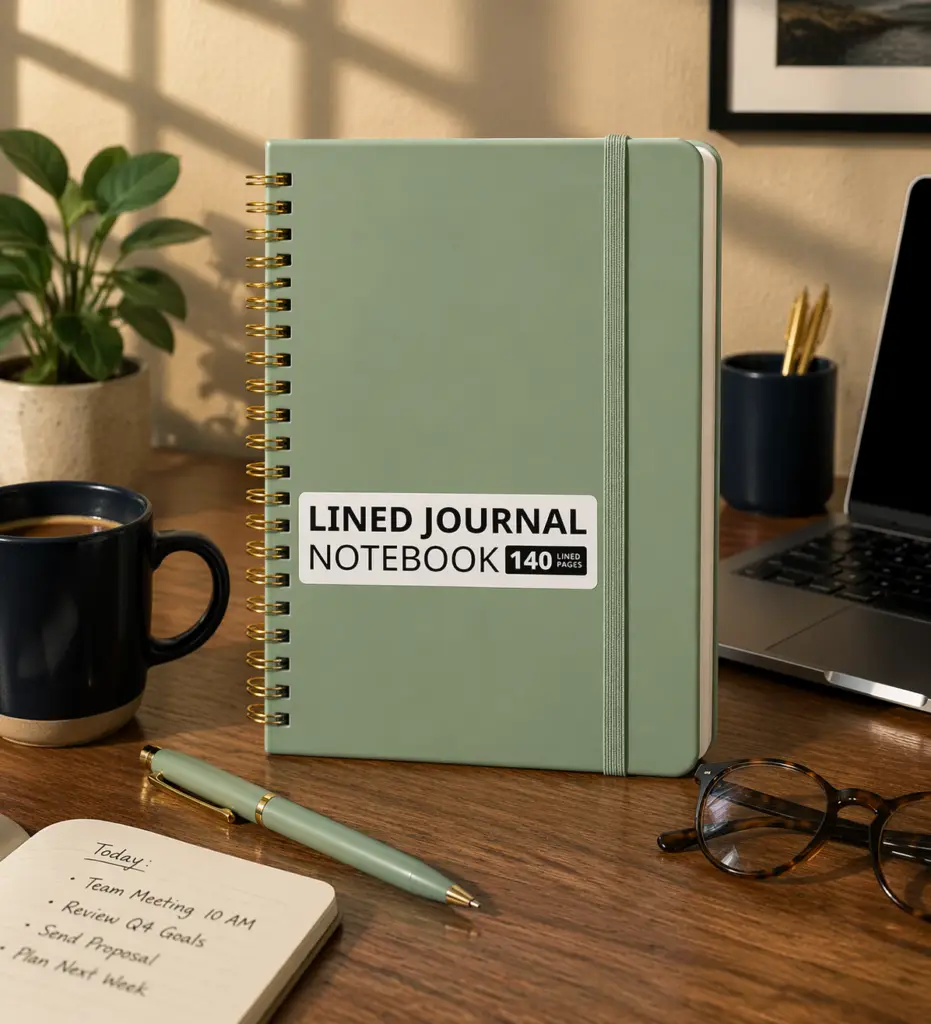 Cozy workspace with lined journal notebook