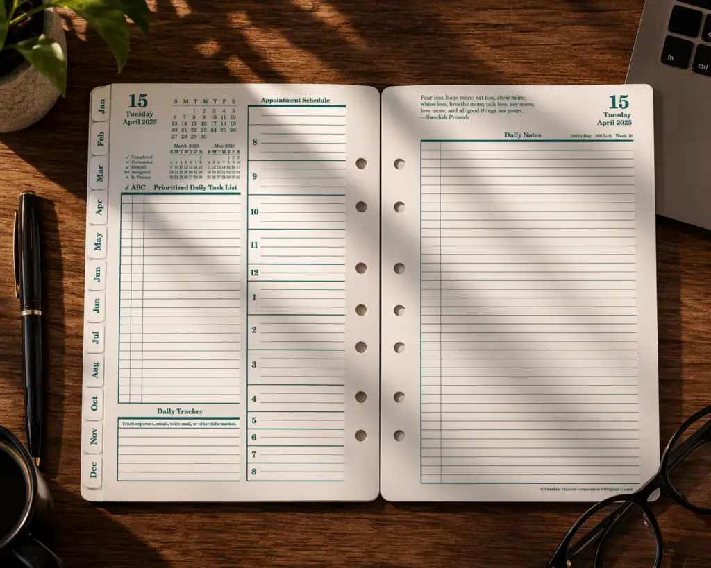 Open two-page daily planner layout on a wooden desk with tabbed monthly dividers, appointment schedule, task list, notes section, pen, coffee mug, eyeglasses, and laptop in warm natural light.