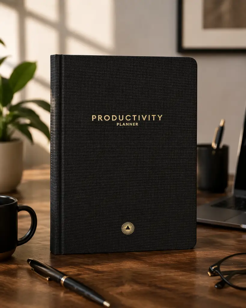 Black productivity planner standing upright on a wooden office desk with a coffee mug, pen, eyeglasses, laptop, and plant in warm natural light, creating a clean and focused workspace.