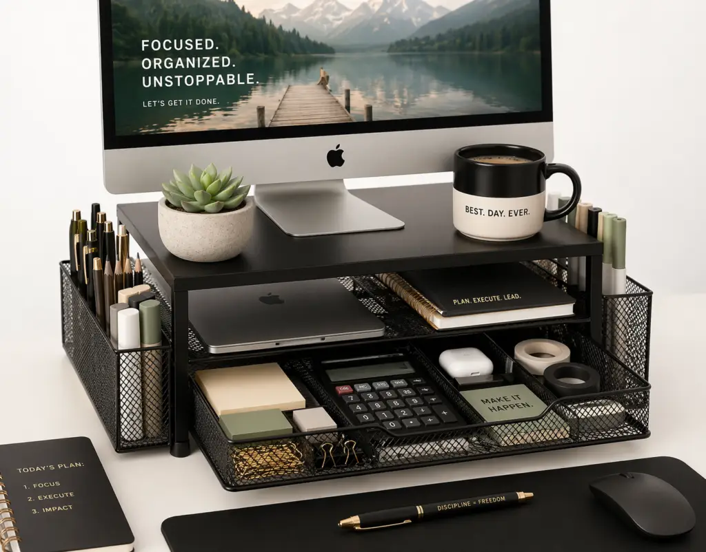 Modern black mesh desk organizer with monitor stand, featuring compartments for office supplies, laptop storage, calculator, and accessories in a clean, minimalist workspace setup.