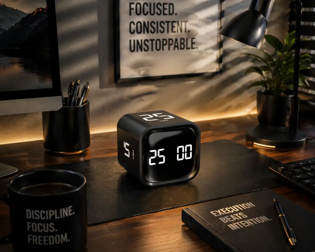 Digital cube timer showing 25 minutes on a modern office desk, surrounded by minimalist workspace accessories and productivity tools.