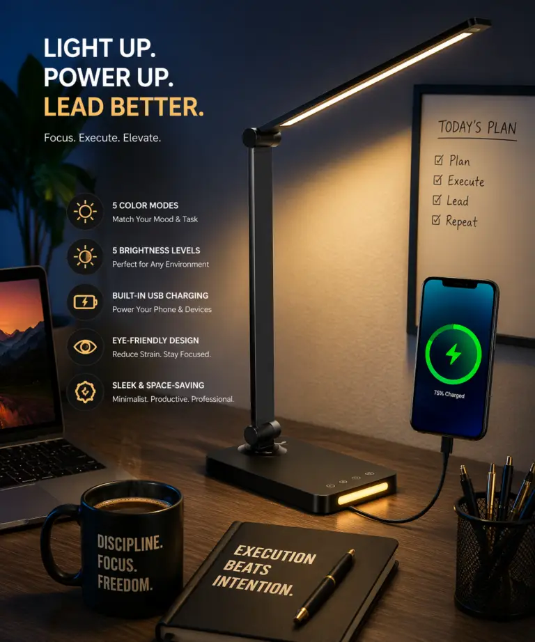 Modern LED desk lamp with USB charging port illuminating a minimalist workspace, featuring adjustable lighting, laptop setup, and smartphone charging on a clean desk.