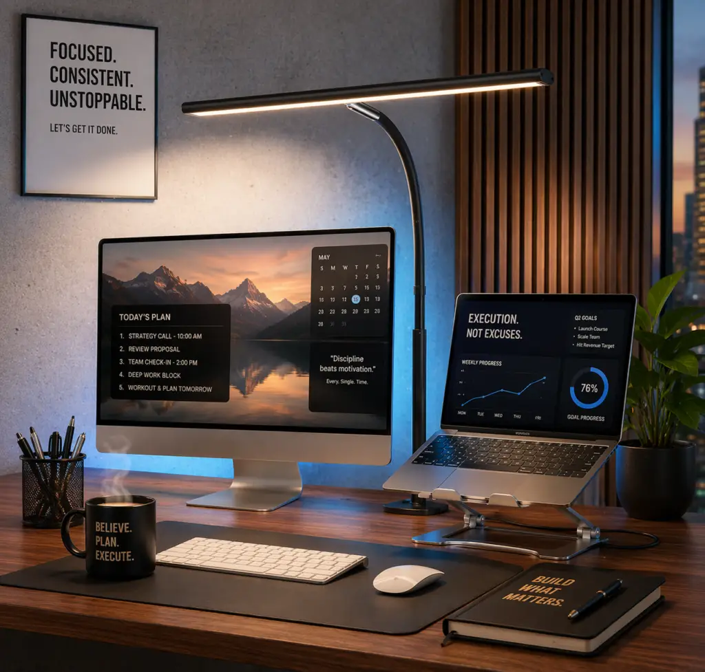 Modern LED desk lamp illuminating a clean, organized workspace with dual monitors, laptop stand, and productivity setup on a wooden desk.