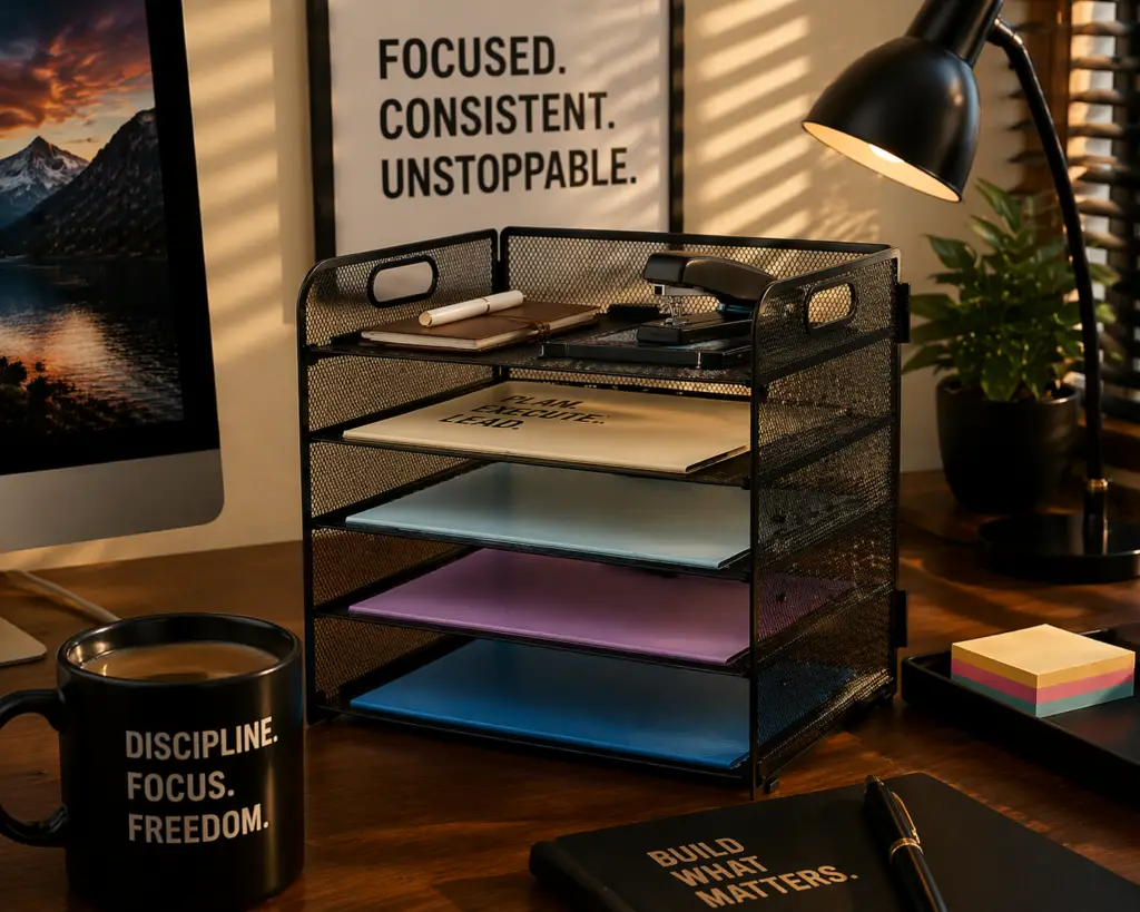 Black mesh desk organizer with 5-tier paper trays on a modern office desk, holding documents, notebooks, and office supplies in a clean workspace setup.