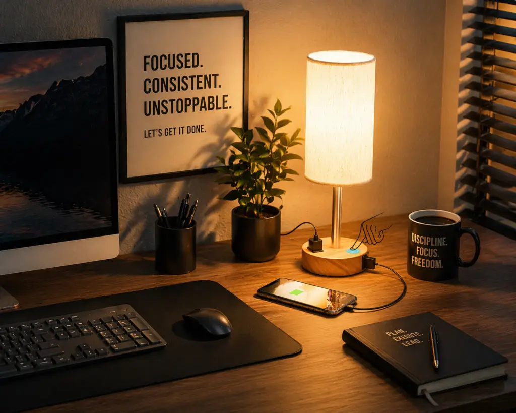 Modern desk lamp with warm lighting on a wooden office desk, featuring USB charging, laptop setup, plant, and minimalist productivity workspace.