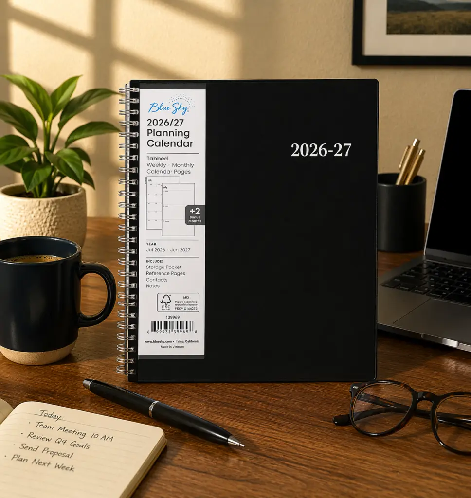 Black Blue Sky 2026–2027 planning calendar spiral planner on a wooden desk with a coffee mug, pen, eyeglasses, laptop, notepad, and plant in warm natural light.