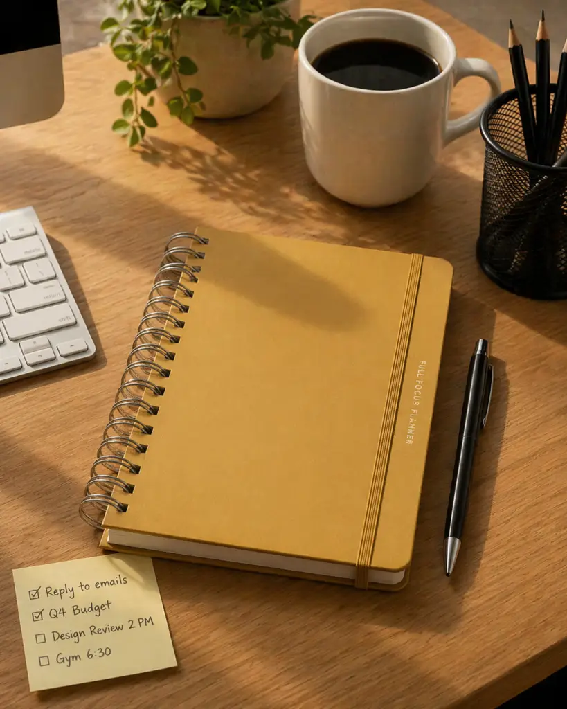 Mustard yellow spiral planner resting on a warm wood office desk beside a black pen, white coffee mug, pencil holder, keyboard, and small plant in soft natural sunlight.