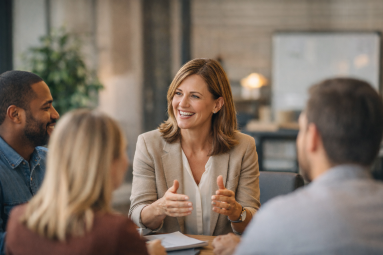 Leader speaking with a small team in a modern office, representing purpose-driven leadership, people skills, and positive team connection.