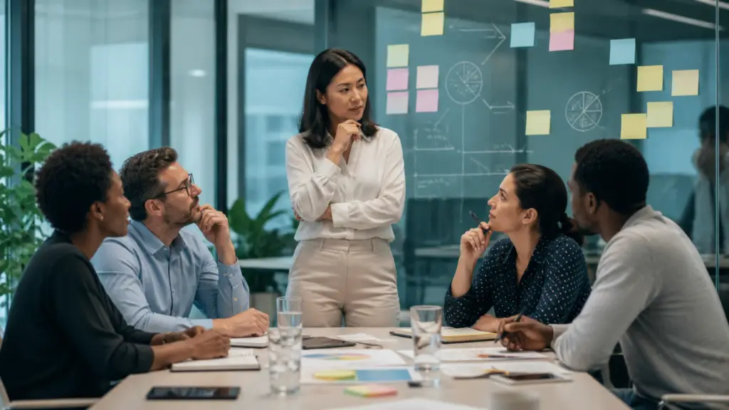 A thoughtful leader listens to a diverse team in a modern office meeting while reviewing charts, notes, and decision ideas.